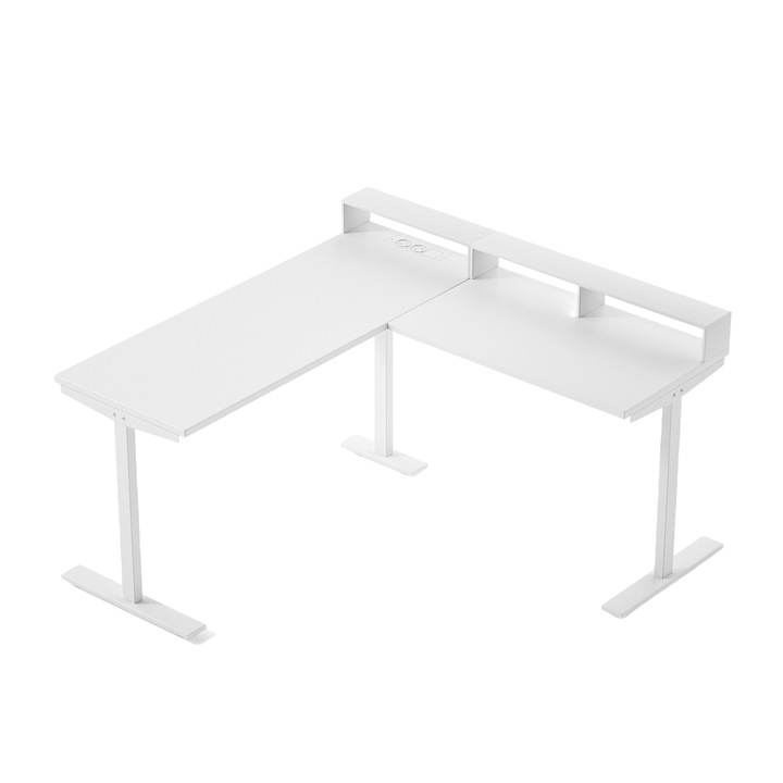 Birou, inaltime reglabila de la 73 la 118 cm, cu prize de curent integrate si raft de depozitare, dimensiuni 160x140x76 cm, finisaj alb