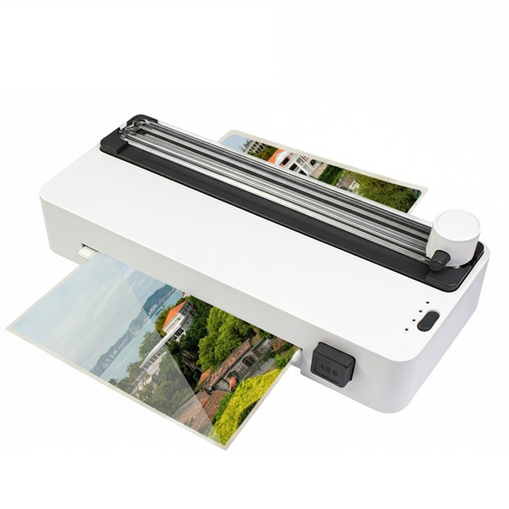 Masina de laminare termica cu indicator luminos, pentru A4, Compatibil cu diferite dimensiuni de hartie foto, mod rece si fierbinte, cu trimmer de hartie, rotunjitor de colt, pentru birou, acasa, scoala, alb