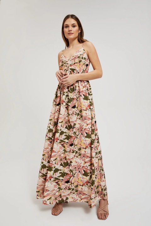 Rochia maxi roz cu model floral pe bretele, Roz