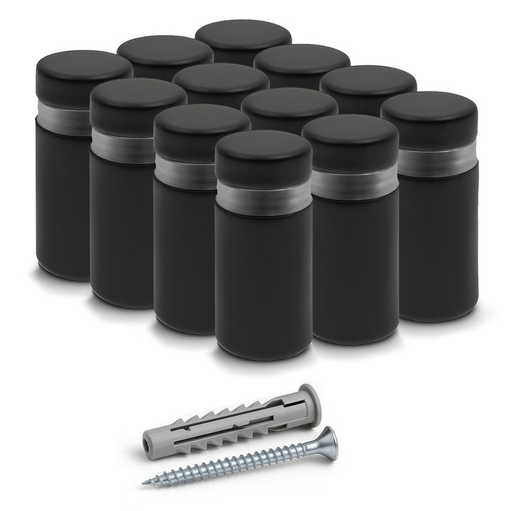 Set 12 suruburi de montare cu distantiere negru din inox, 12x25mm, pentru fixarea placutelor si dibluri