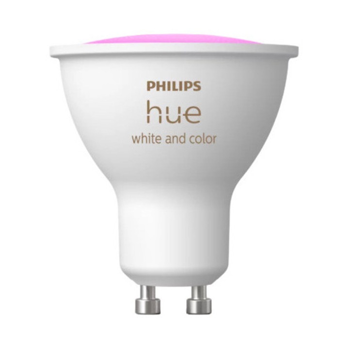 Смарт LED крушка Philips Hue GU10, 4.2W, 400lm, Wi-Fi, Bluetooth, Бяла и цветна