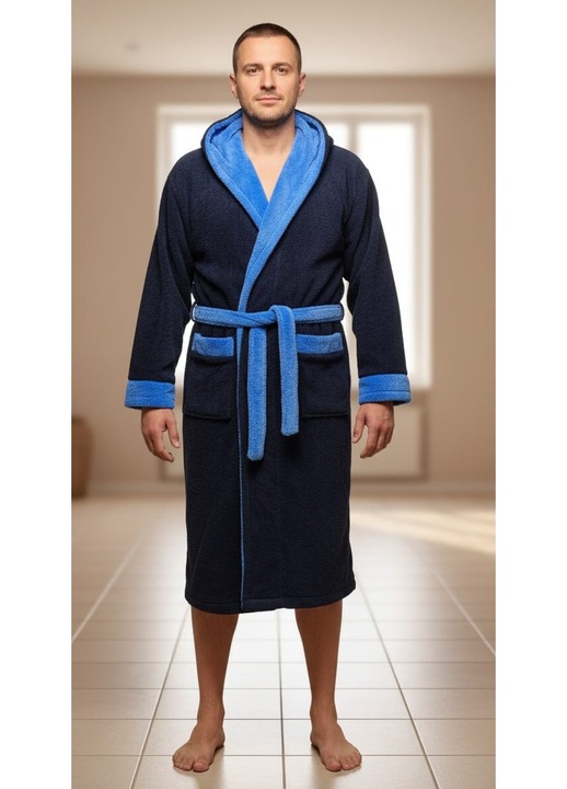 Férfi halas cocolino, puha és bolyhos anyagból, zsebekkel és kapucnival, kék/sötétkék, 3XL