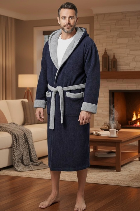 Halat barbat cocolino, puha és bolyhos anyag, zsebekkel és kapucnival, szürke/sötétkék, XL