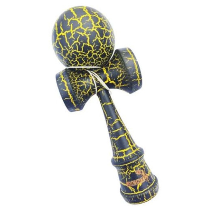 Kendama, repedezett mintás, fa, sötétkék-sárga, 18cm
