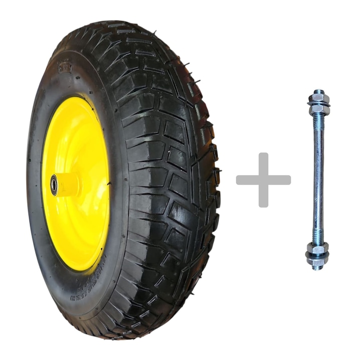 Roată roabă 4.00-8 cu ax inclus, MDY, jantă metalică, anvelopă cu cameră