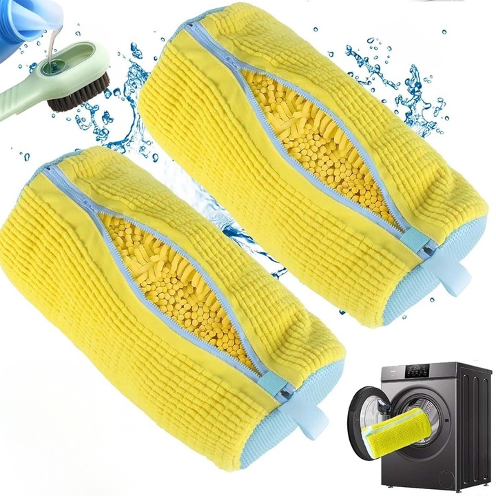 Комплект 2 торбички за пране на обувки Giftry с четка и дозатор, жълт, полиестер