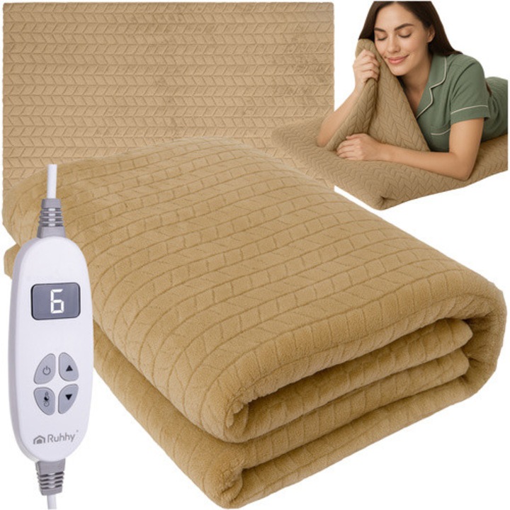 Dupla elektromos takaró 180 x 130 cm, távirányítóval, 10 üzemmóddal, puha poliészter, bézs