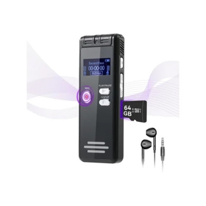 Reportofon digital 64GB, 3072 Kbps, microfon dual, reducere zgomot, SAISIYIKY