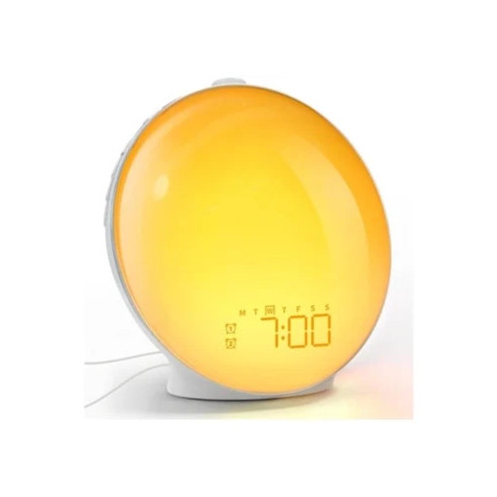 Ceas decorativ digital Saisiyiky Des26, simulare rasarit/apus, 2 alarme, sunete naturale, radio FM, lumini colorate