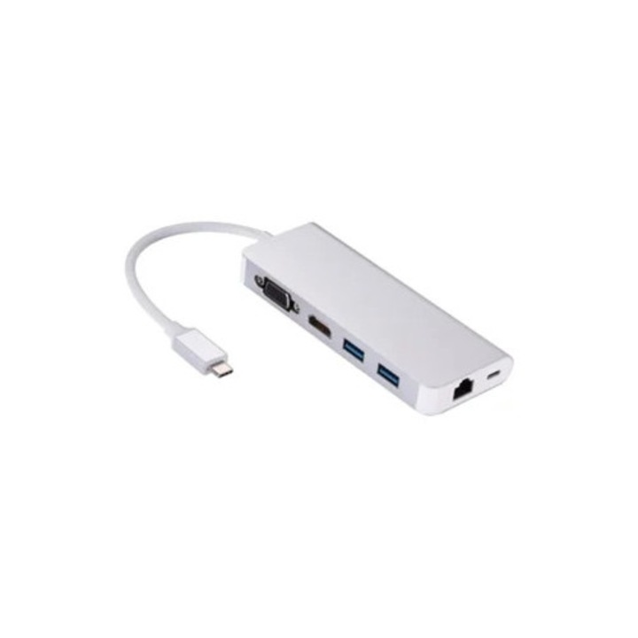 Hub 6 in 1 Type C, Saisiyiky, multifunctional, HDMI, VGA, RJ45, USB 3.0