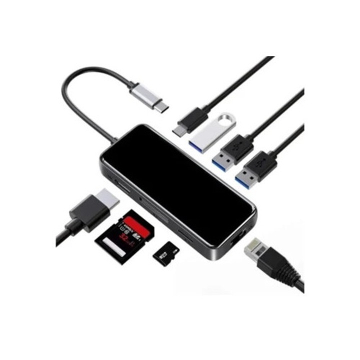 Többfunkciós hub, USB-C, 8 az 1-ben, HDMI, hordozható
