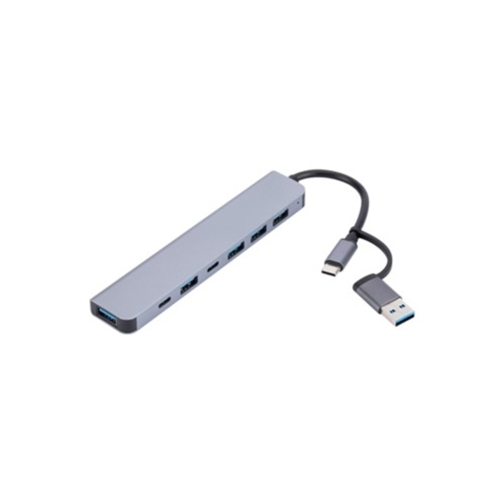 Hub USB-C 7-in-1, 2 porturi USB-C, 5 porturi USB-C, gri