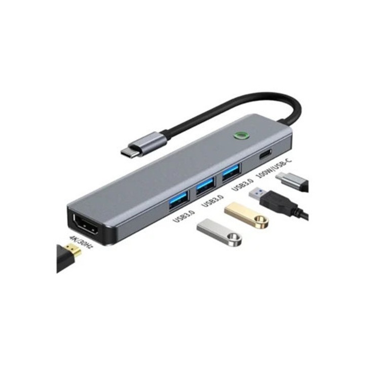 Hub USB 6-in-1 cu adaptor USB la USB C, HDMI, buton de oprire touchscreen, Saisiyiky