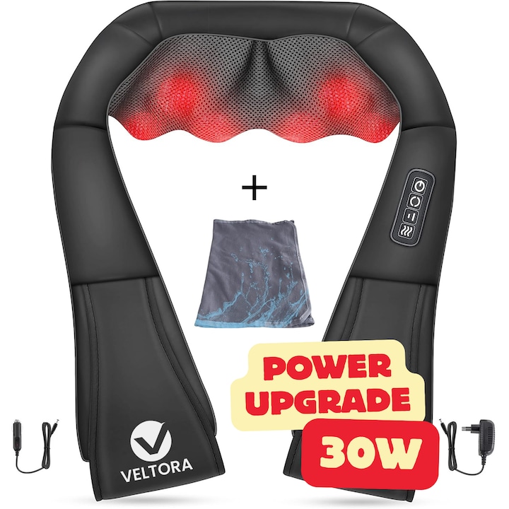 Aparat Profesional Premium Pentru Masaj Umeri 3D Veltora® NeoHeat Relax, Putere 30W, Functie Caldura, 8 Noduri Masaj Bidirectionale, Viteze Reglabile, Terapie cu Infrarosu, Design Ergonomic, Pentru Spate, Gat, Umeri, Corp, Cervical, Lombar, Husa, Negru