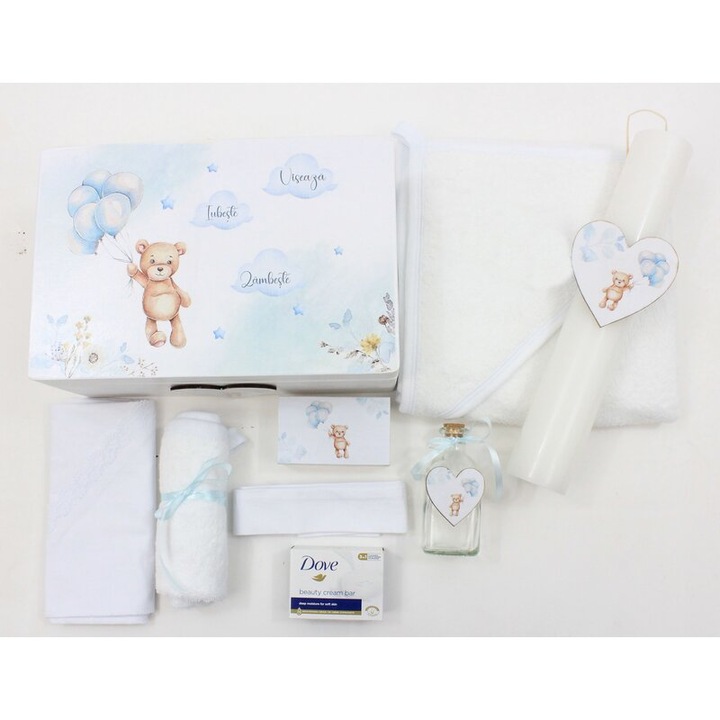 Trusou 9 piese, cutie de amintiri si lumanare, ursuletul Martinel cu baloane albastre