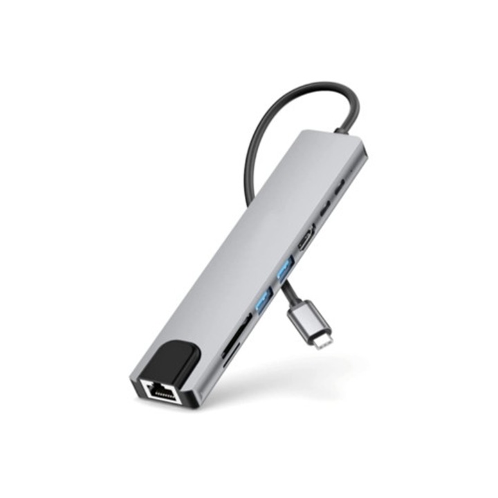 USB-C Hub 9 az 1-ben Ethernet adapterrel, 4K HDMI, 100W PD, szürke