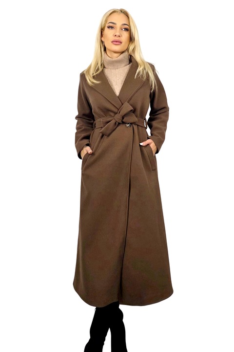 Női hosszú kabát, Camilla, gombos záródás és öv, barna, univerzális méret, S/M