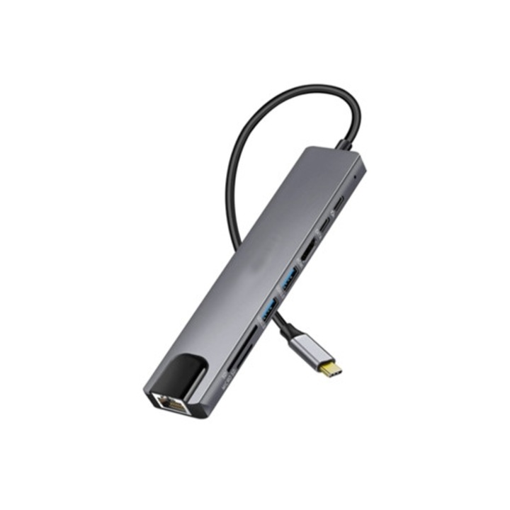 Hub USB-C 8-in-1, 4K HDMI, USB 3.0, gri