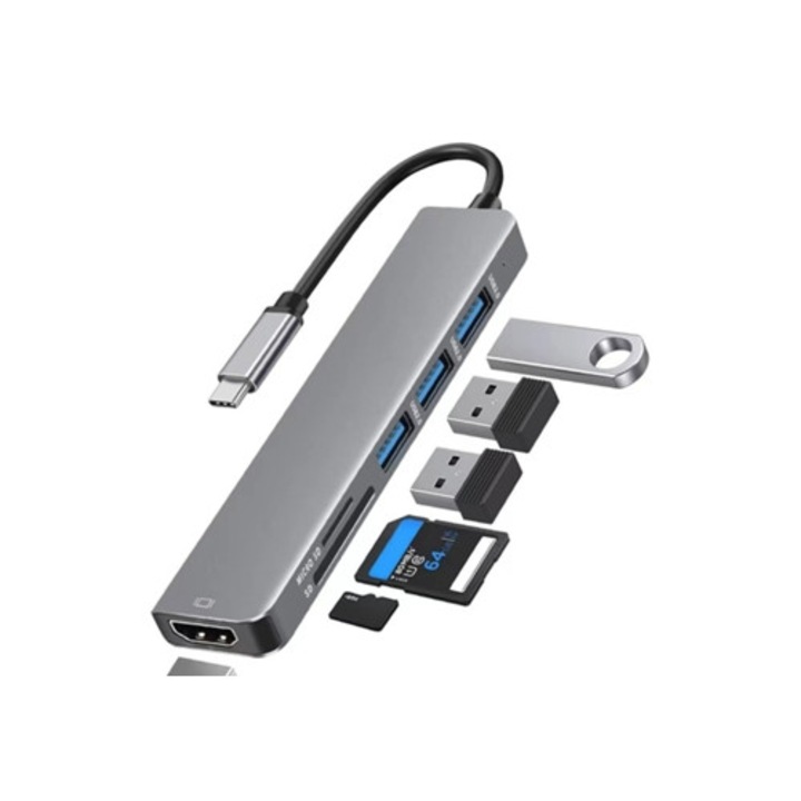 USB-C 6 az 1-ben hub, 4K, SD kártyaolvasó, szürke