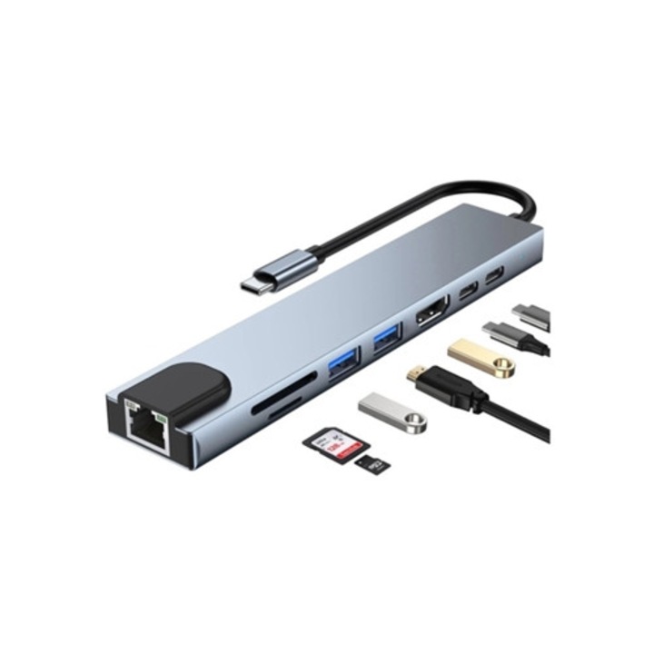 Adaptor Hub HDMI la USB C, 8-in-1, 2 porturi USB-C, Saisiyiky