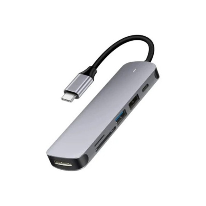Hub USB-C 6-in-1, 4K HDMI, porturi USB 3.0 si 2.0, cititor carduri SD/TF, gri