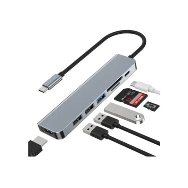 Hub USB-C 7-in-1, adaptor multiport cu HDMI 4K, port USB-A, gri