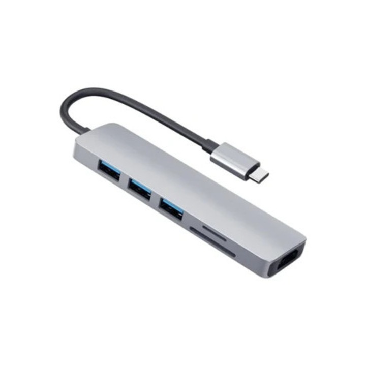 Hub USB C 6-in-1, 4K HDMI, 3x USB 3.0, cititor Micro SD/TF, gri, Saisiyiky