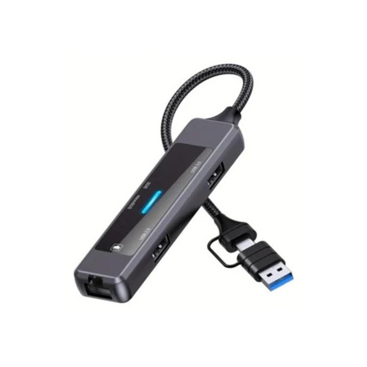 Hub USB-C 5-in-1 cu cititor de carduri, adaptor USB 3.0 la Ethernet
