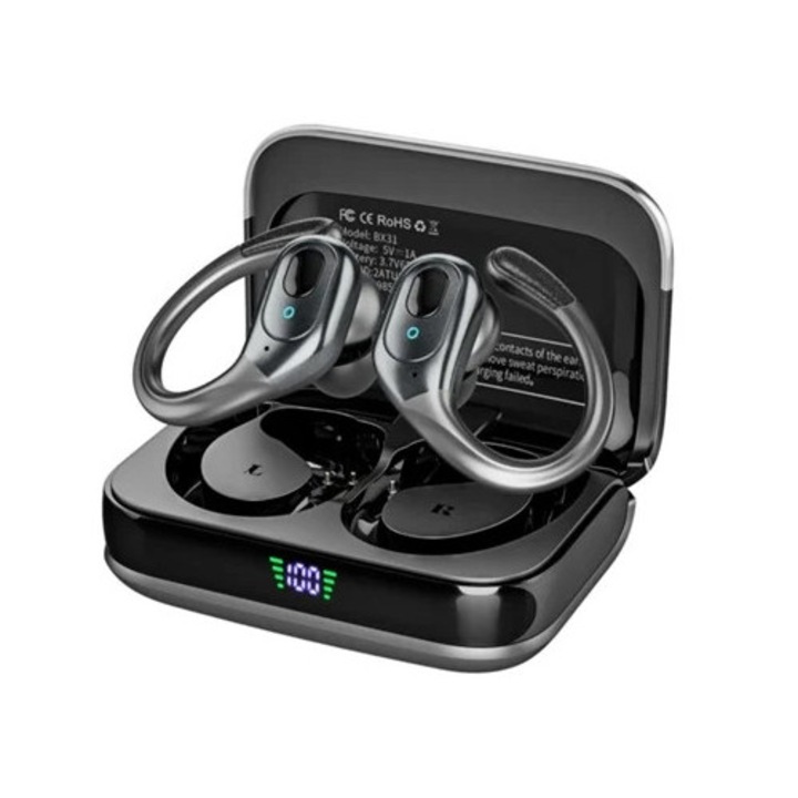 Saisiyiky BX31 vezeték nélküli fülhallgató, Bluetooth 5.3, 75 óra üzemidő, IPX7 vízálló, fekete
