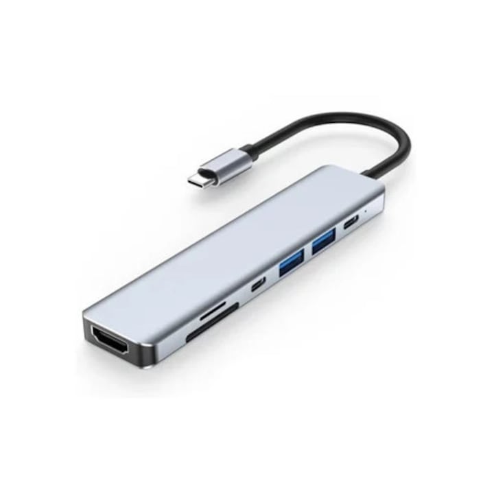 Hub USB C 7-in-1, 4K HDMI, 2 porturi USB-C, USB 3.0, argintiu