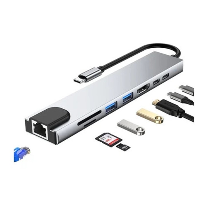Hub USB-C HDMI, 8-in-1, 4K HDMI, 2 USB 3.0, argintiu