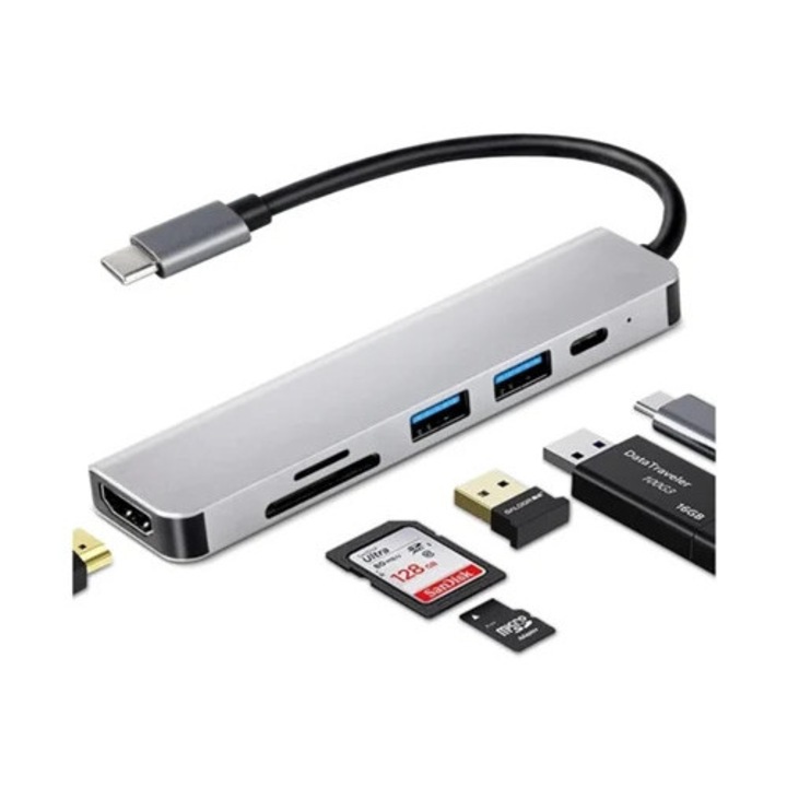 Hub USB-C 6-in-1, 4K HDMI, 3 porturi USB 3.0, cititor carduri SD/TF, gri