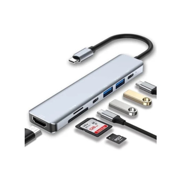 Hub USB C 7 az 1-ben, 4K HDMI, 2 USB-C port, SD/TF kártyaolvasó, fekete