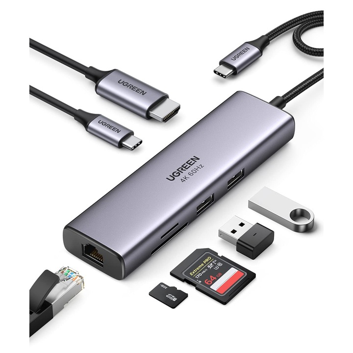 Hub USB-C UGREEN Revodok 107 7 az 1-ben, HDMI 4K 60Hz, LAN RJ45, PD 100W, 2 USB 3.0 port