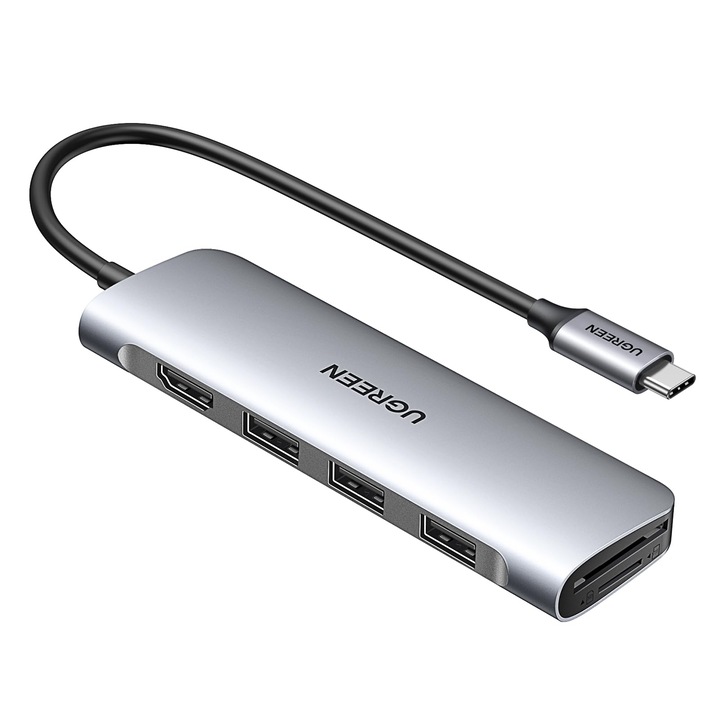 UGREEN Revodok 6 az 1-ben USB-C hub 4K HDMI-vel, SD/TF kártyaolvasóval, USB-A 3.0 portokkal, ezüst
