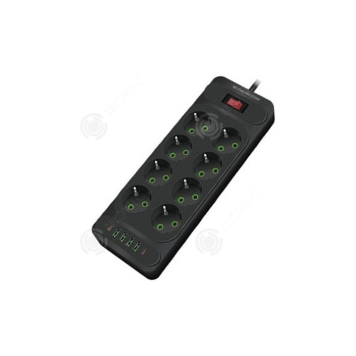 Prelungitor cu comutator, 8 prize, 4 USB, cablu 2 m, multifunctional