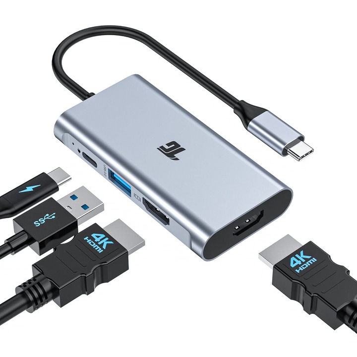 Hub USB-C 4 în 1, Tiergrade, adaptor Thunderbolt 3, 2 porturi HDMI, alimentare 100W