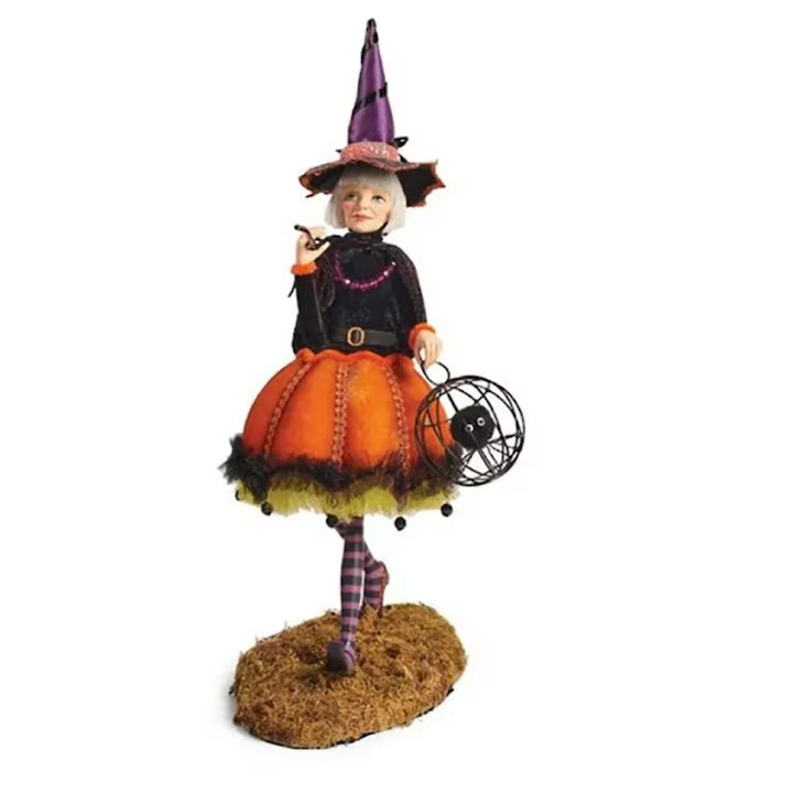 Halloween boszorkány figura, kézzel festett gyanta asztali dekoráció, 15x25cm