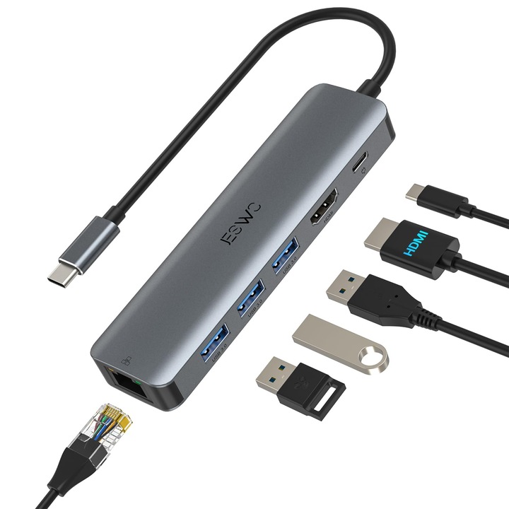 USB-C elosztó Jeswo, multiport adapter RJ45 Ethernet, 4K HDMI, 100W, 3 USB 3.0 port