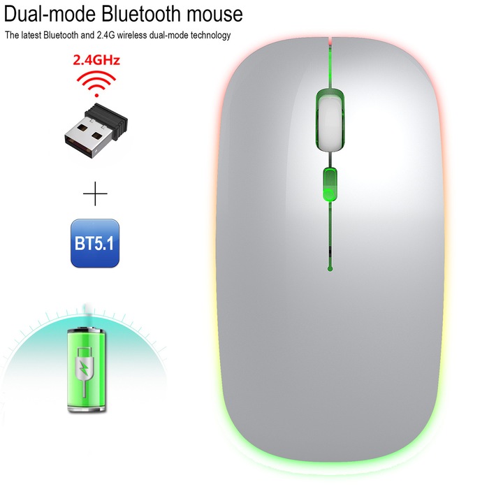 Mouse wireless 2.4G, iluminat colorat, design slim, incarcare prin USB, 1600 DPI, multicolor
