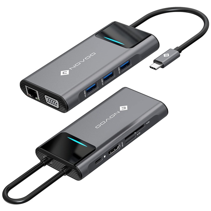 Statie de andocare 9 in 1 NOVOO, hub USB-C dual HDMI, 4x USB, PD 100W, Gigabit Ethernet, cititor SD/TF, 10, 04x4, 76x2, 72cm