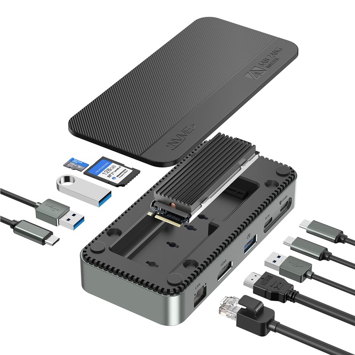 Hub USB-C 10 az 1-ben SAN ZANG MASTER, M.2 NVMe SSD ház, HDMI 4K, Gigabit Ethernet, Fekete