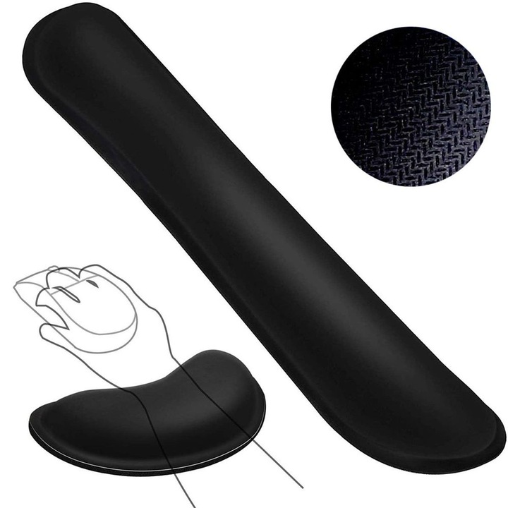 Ergonomikus billentyűzet- és egér alátét szett, fekete, 46x8.5x2.5cm és 13.5x8x2.5cm