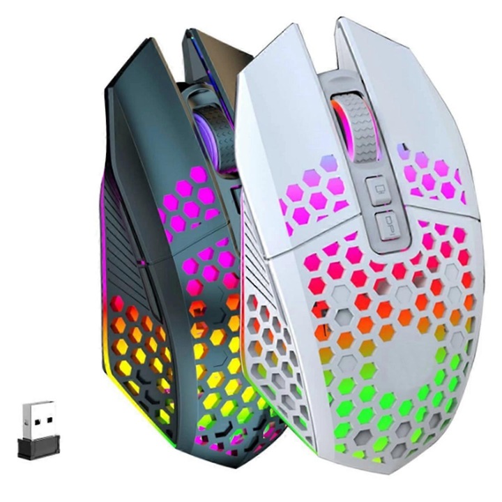 Mouse de gaming wireless, design cu fagure, iluminare RGB personalizabil, 7 butoane programabile, 2024