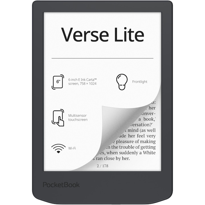 Електронен четец PocketBook Verse Lite PB619, 6.0" E Ink Carta™ HD тъчскрийн, 212dpi, 8GB, Предна подсветка, WiFi, USB-C, Сив