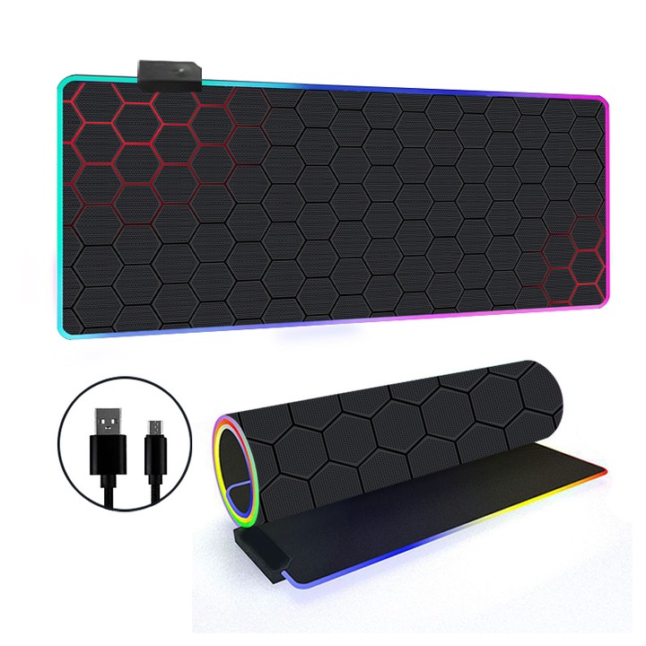 Egérpad RGB, 14 világítási mód, csúszásmentes alap, nagy méret 300x800x3mm
