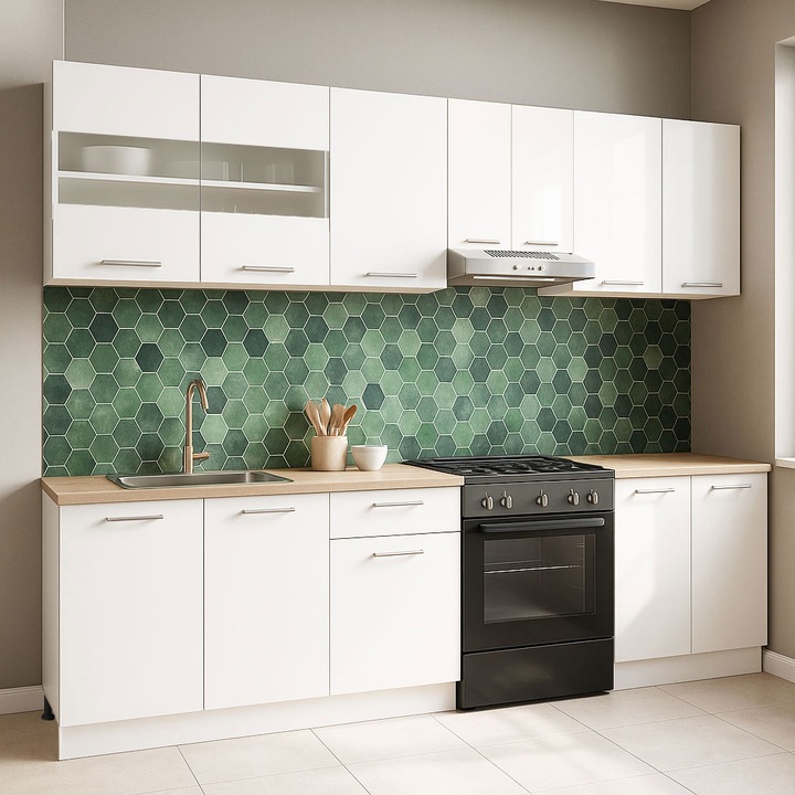 Set Mobilier de Bucatarie cu soft-close, BadenMob Germania, 240cm, corpuri inalte, blat gros, 12 usi, Alb