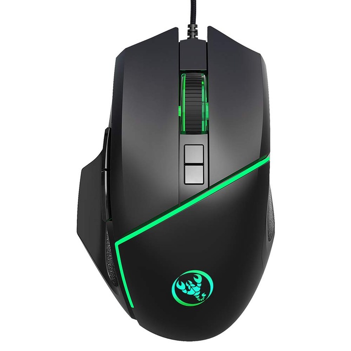 Mouse de gaming cu fir, 7 culori, 6400DPI, design ergonomic, negru