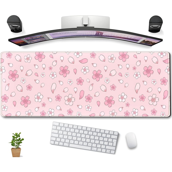 Mousepad Sakura roz XL 80x30cm, grosime 3mm, baza antiderapanta, margini cusute, pentru birou gaming