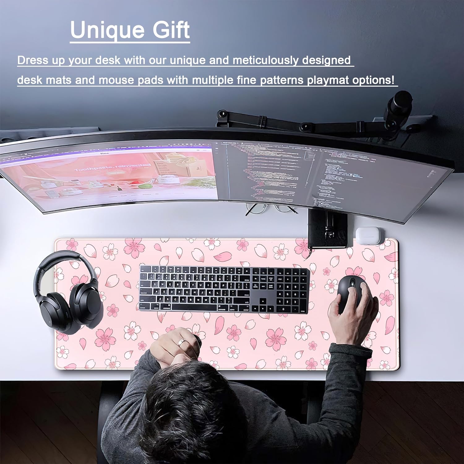 Mousepad Sakura roz XL 80x30cm, grosime 3mm, baza antiderapanta